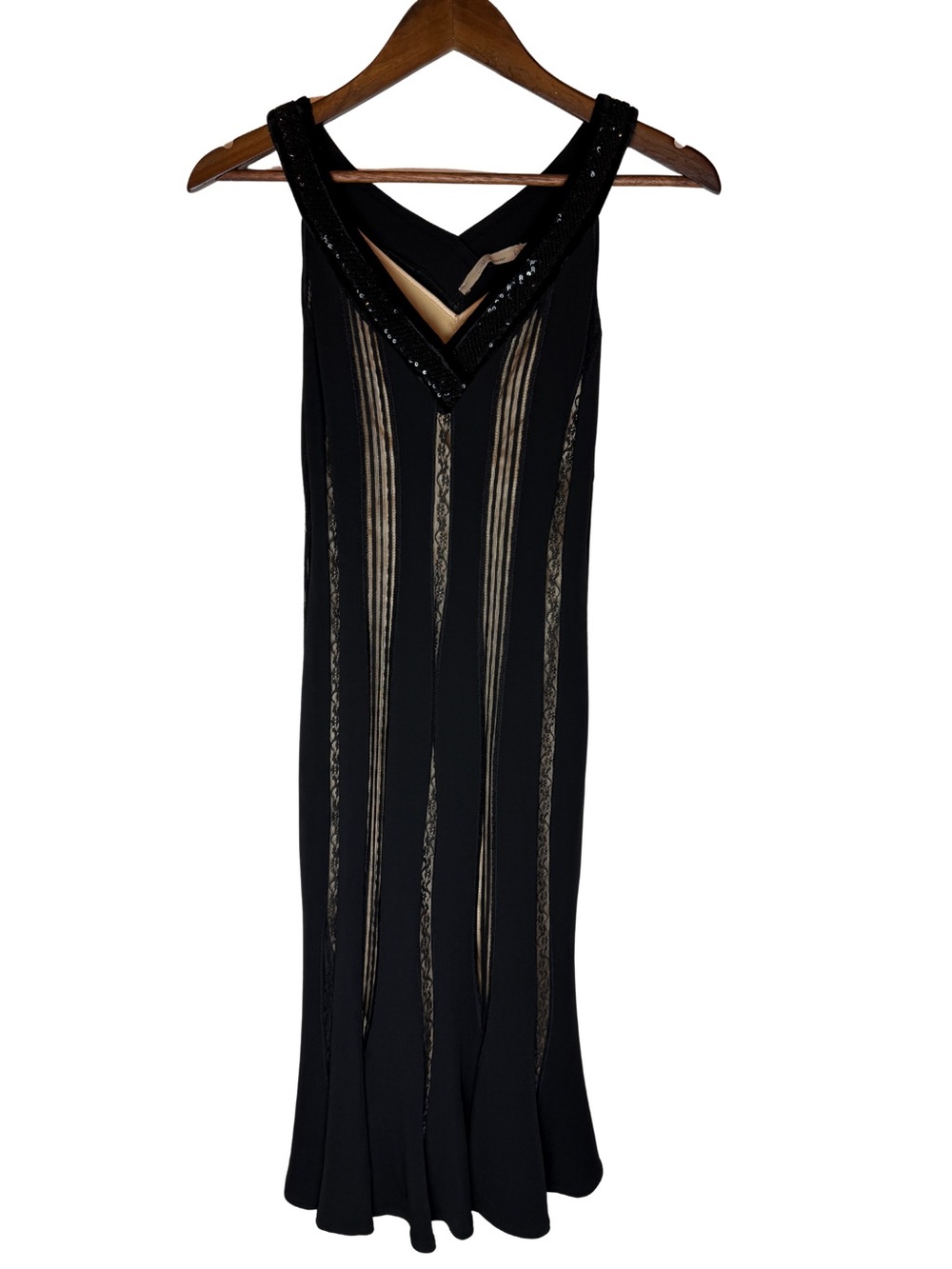 Blumarine Black Flapper Midi Dress with Nude Illusion Panels Sequin V-Neck